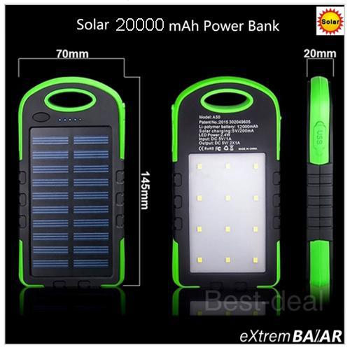 Power Bank 20000mAh Dual USB Napelemes, 6 LED-es ( External Solar Battery )