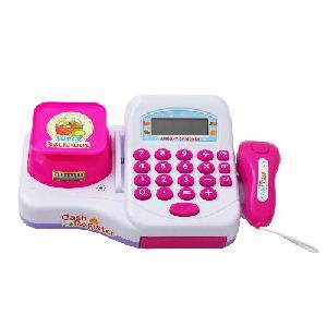 Rózsaszín játék pénztárgép mérleggel és szkennerrel