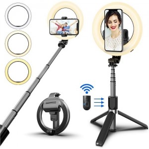 Prémium selfie bot, szelfi fénygyűrű lámpa 19-90 cm 360°-ban forgatható exponáló gombbal világítással L07